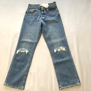 NWT H&M Blue Jeans Women Straight Leg Size 4 High Waist Button Fly Distressed